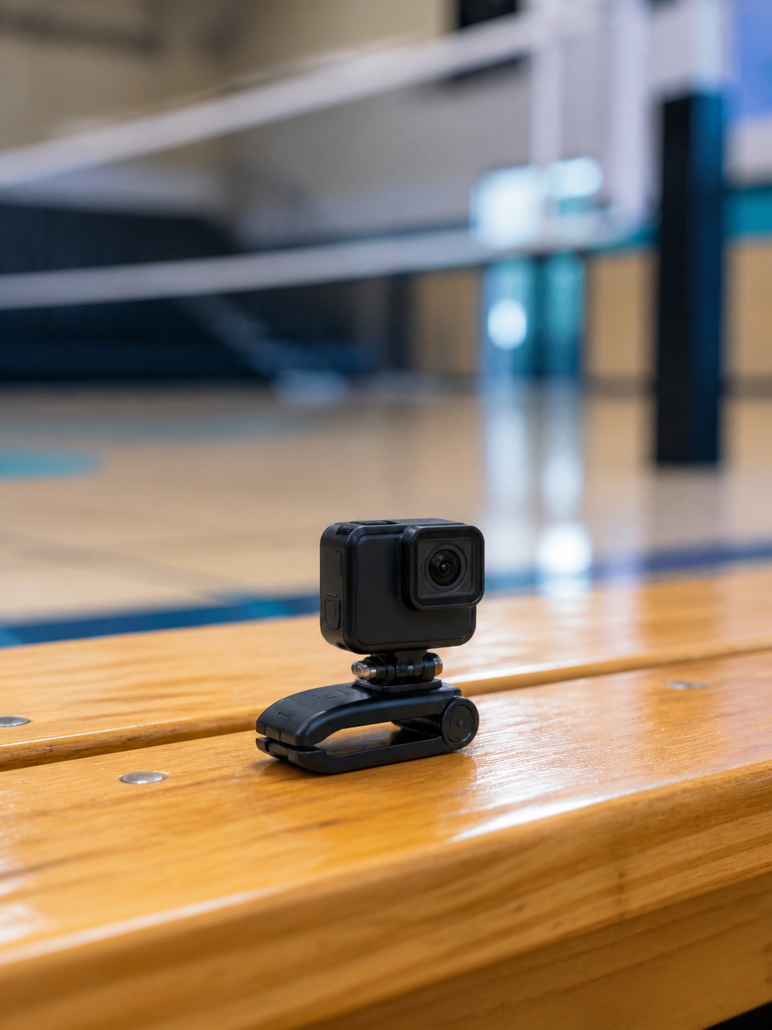 A compact GoPro-style camera on a small clamp beside a volleyball court