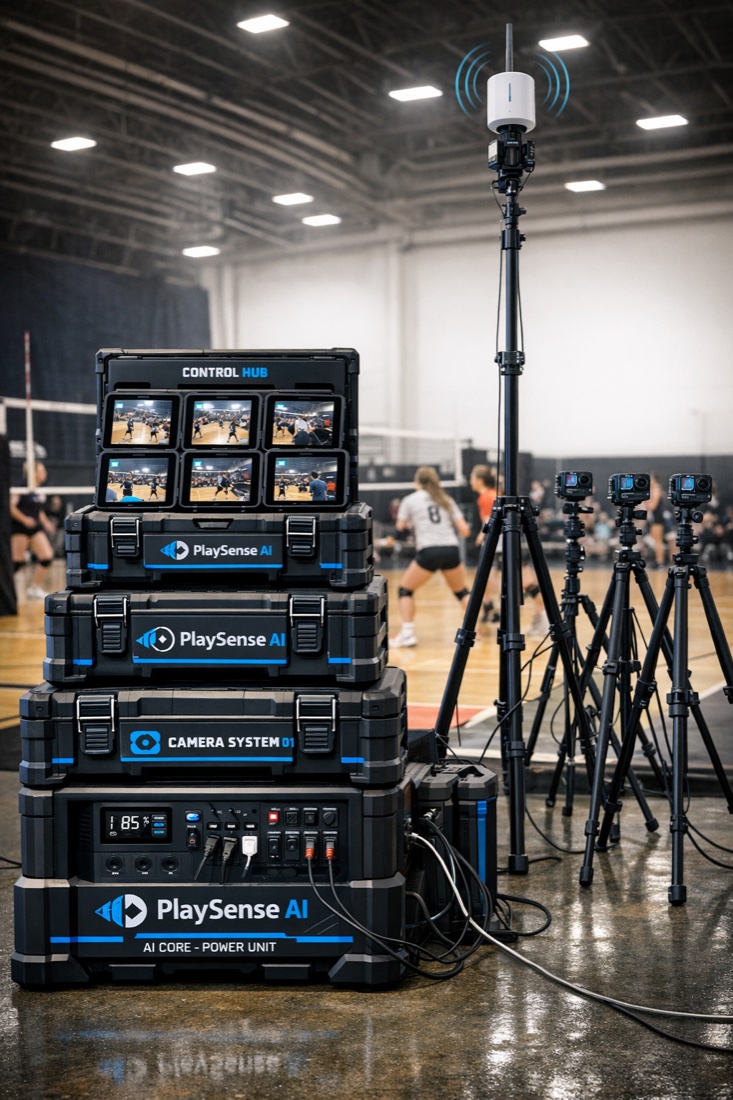 PlaySense AI camera kit set up in a gym